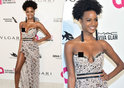 US model, Ebonee Davis suffers pop-out from hell as dress falls down as she arrived for Elton John's AIDS Foundation Academy Awards party